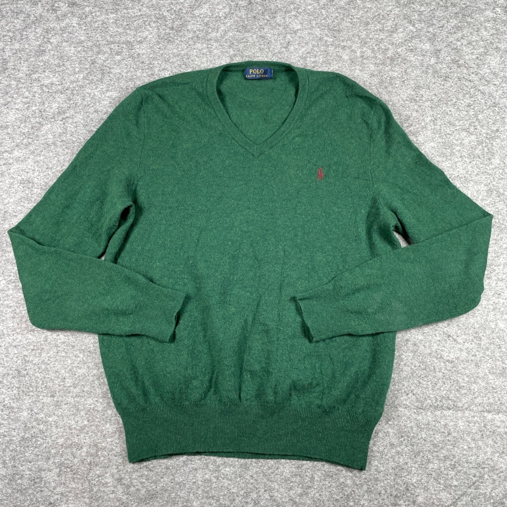 Polo Ralph Lauren Sweater Mens L Green 100% Merino Wool V-Neck Pony Embroidery